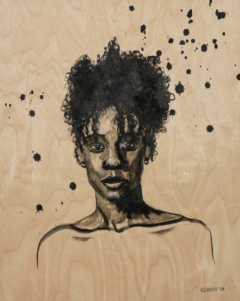 Lueur, 16"x20", 2023, Encre de Chine et charbon sur panneau de bois. (Disponible)