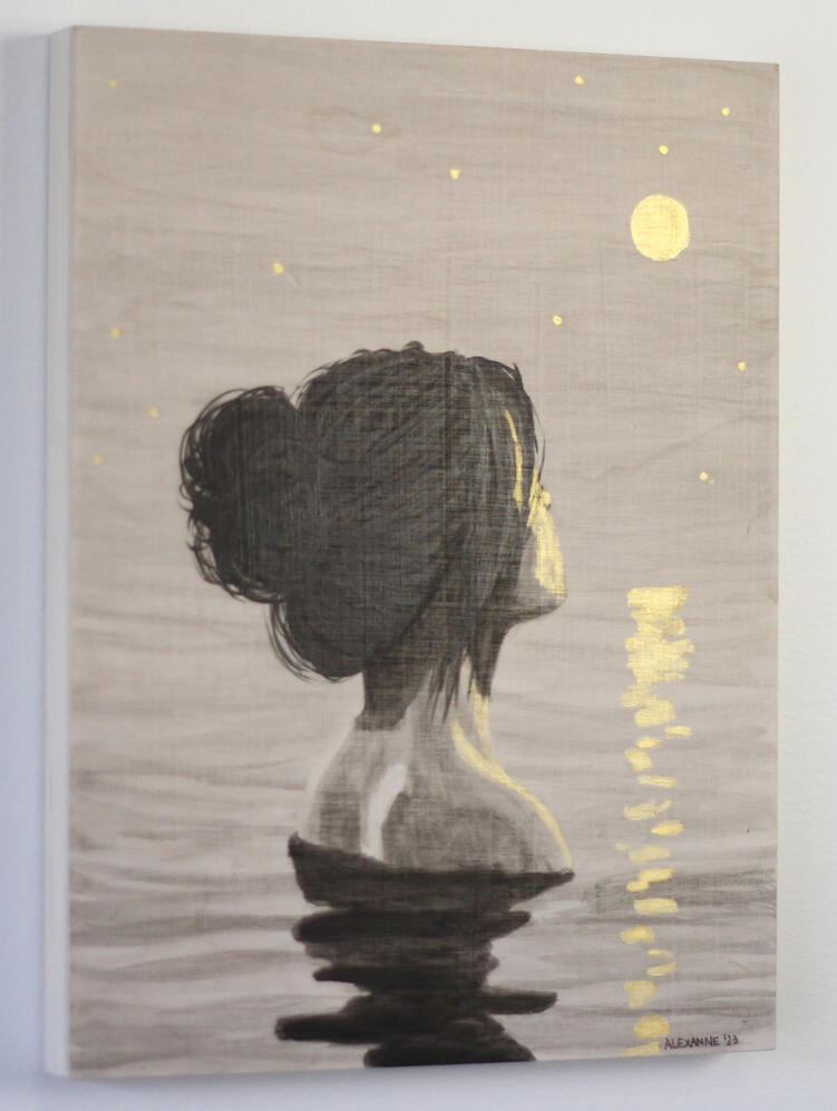 Bain de minuit, 9"x12", 2023, Encre de Chine et acrylique sur panneau de bois. (Vendu)