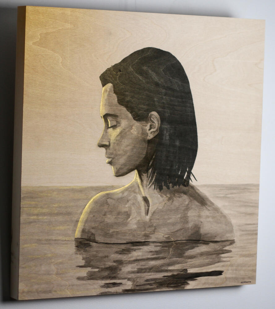 Bain d'espoir, 24"x24", 2026, Encre de chine sur panneau de bois. (Vendu)