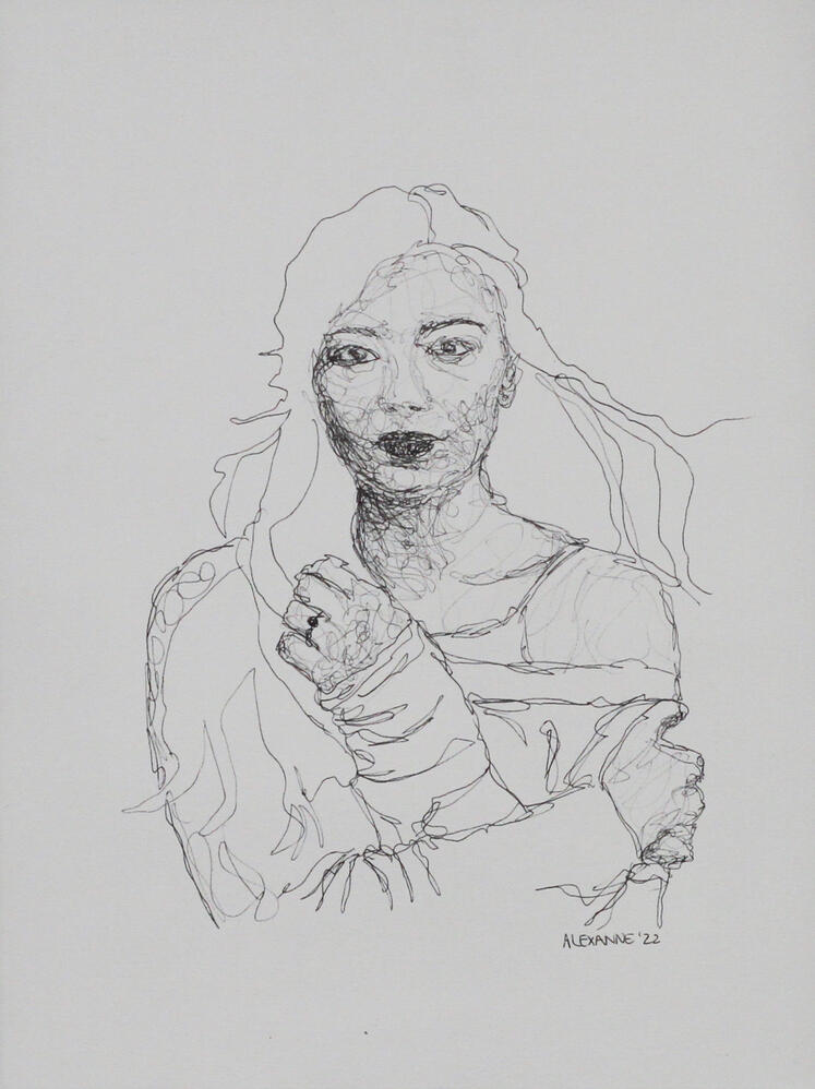 S'apaiser, 9"x12", 2022, Stylo sur papier. (Vendu)