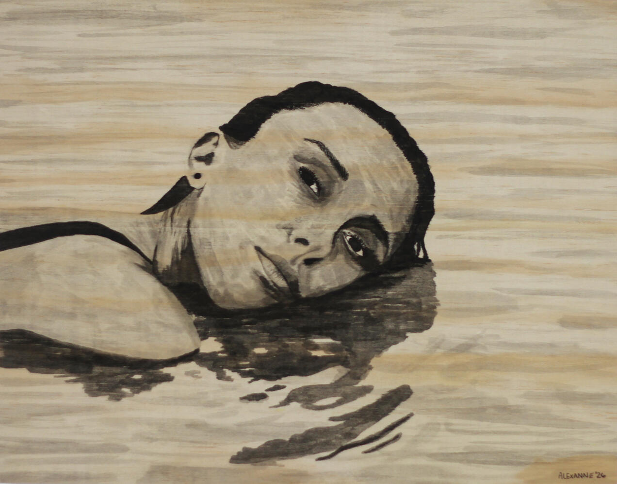 Repos, 11"x14", 2026, Encre de chine sur panneau de bois. (Disponible)