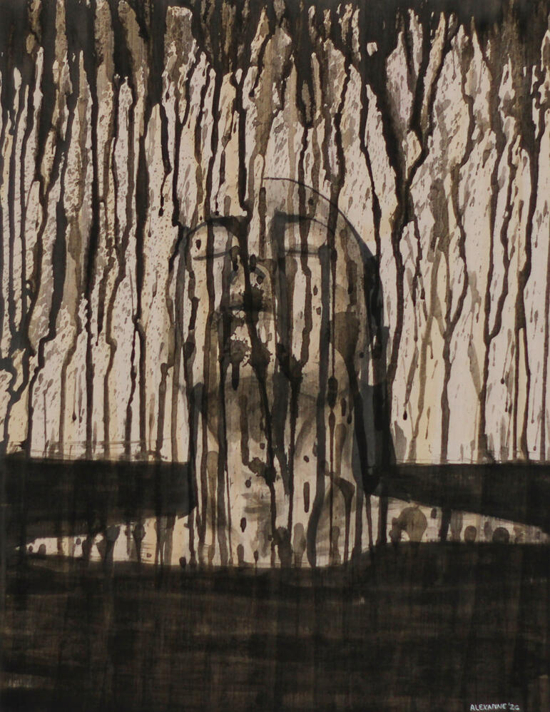 Survie, 11"x14", 2026, Encre de chine sur panneau de bois, 210$