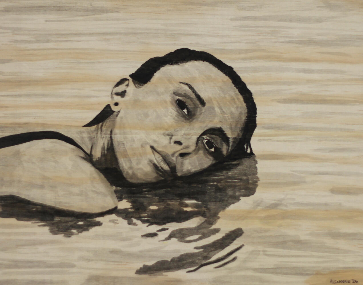 Repos, 11"x14", 2026, Encre de chine sur panneau de bois, 210$