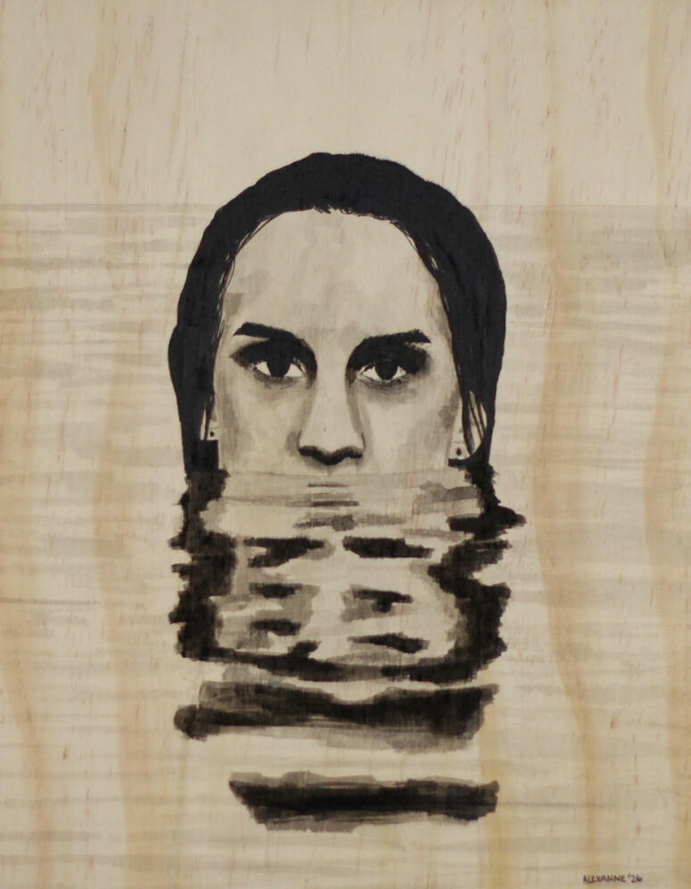 Sortie de l'eau, 11"x14", 2026, Encre de chine sur panneau de bois, 210$