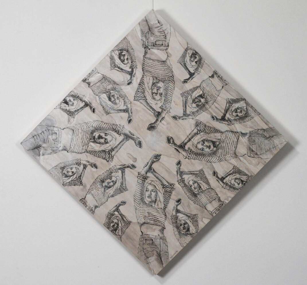 Ne me laisse pas me fondre dans la foule, 24"x24", 2025, Marqueur et acrylique sur panneau de bois profondeur galerie, 550$