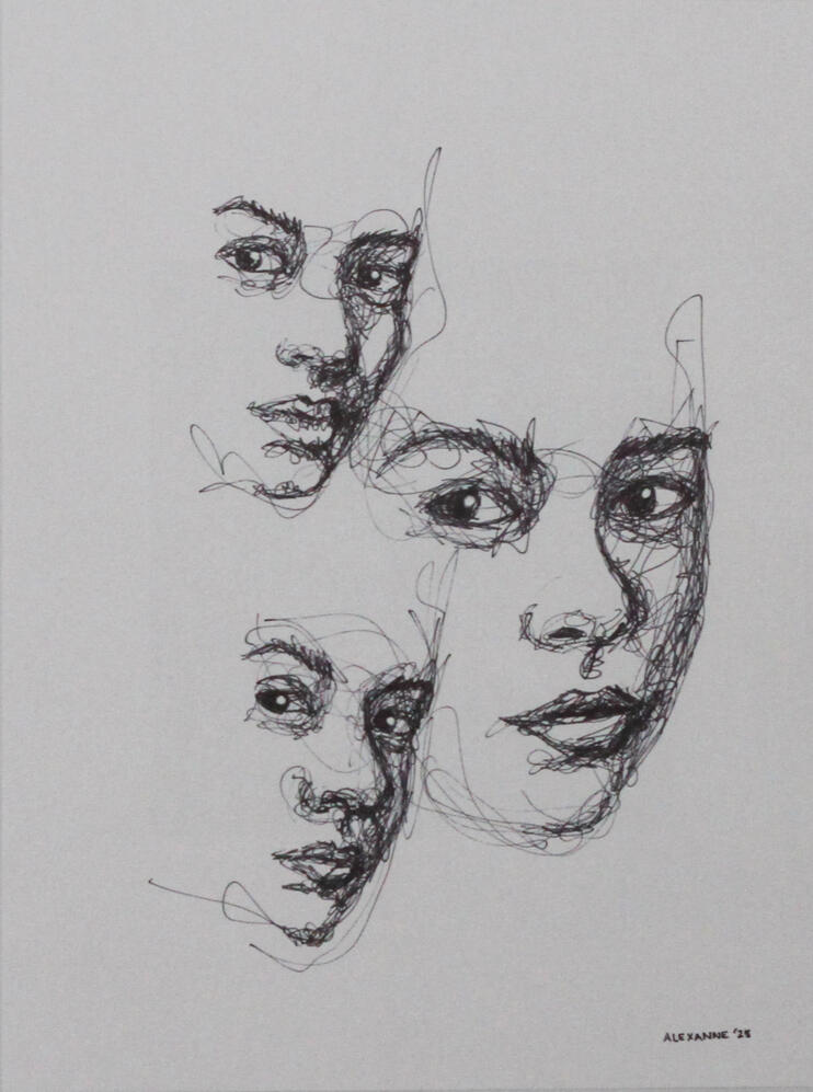 Curiosité, 9"x12", 2025, Sharpie sur papier, 125$ encadré ou 115$ juste l'oeuvre