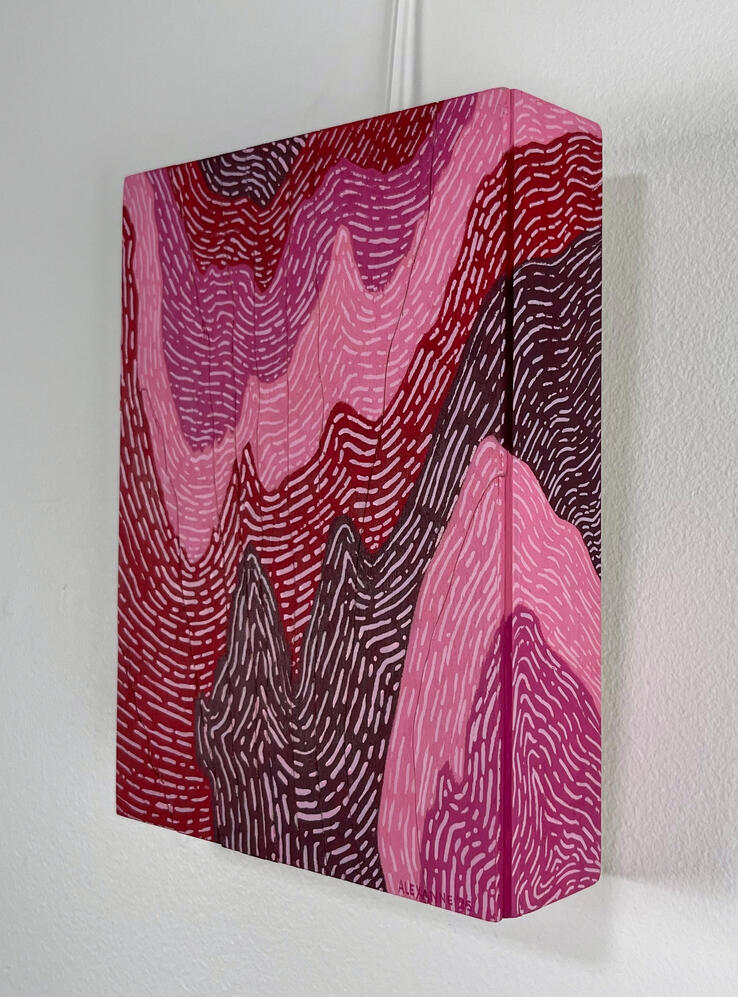 Vue de coté de Mirage, 6''x8'', 2025, Acrylique et contreplaqué scié sur panneau de bois galerie, 150$